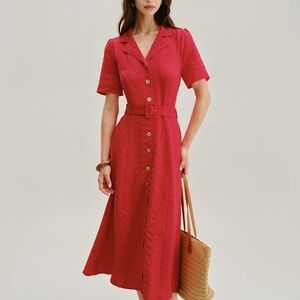Rihoas Red Belted A-Line Midi Dress